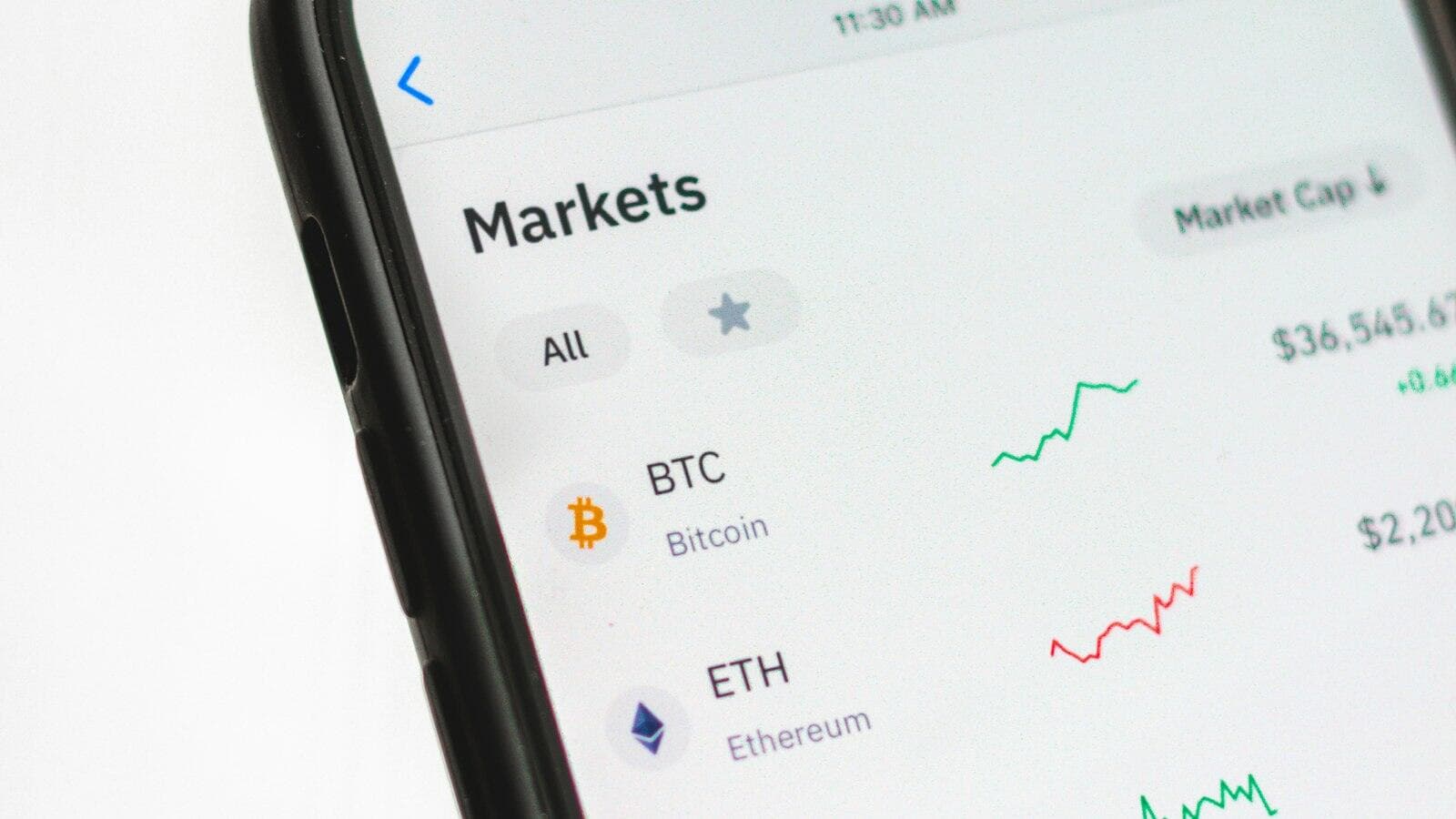A phone showing a markets app with Bitcoin and Ethereum prices