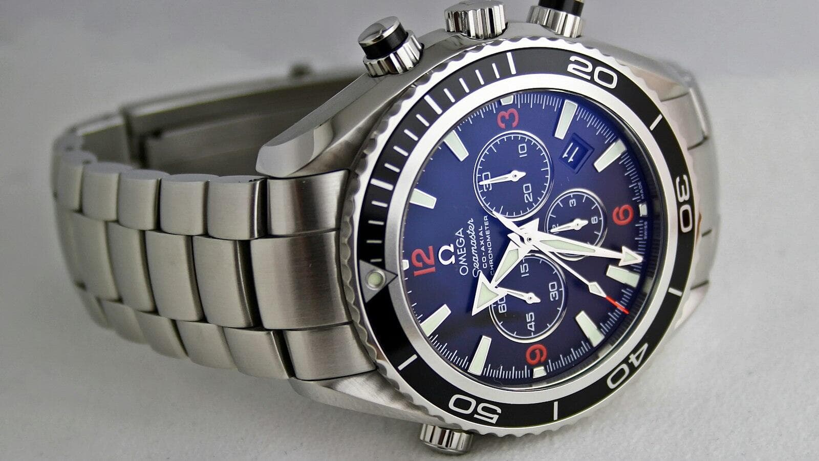 A steel chronograph watch, close up
